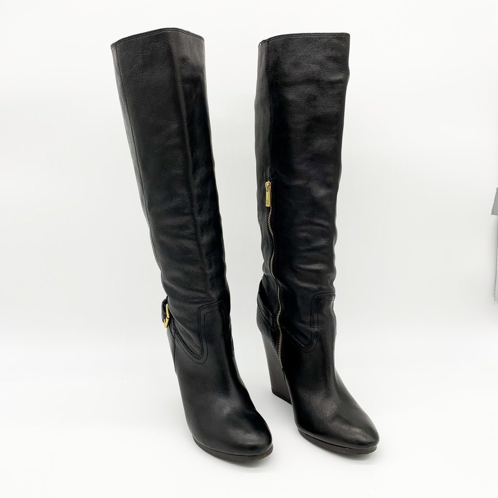 COACH Dorthy Wedge Boots Black Leather Round Toe - Picture 5 of 13